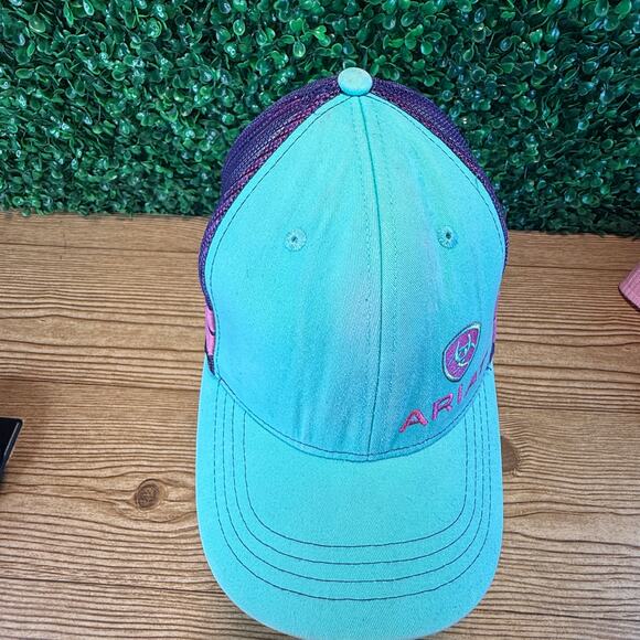 Women’s Ariat Adjustable Teal Purple Pink Striped Logo Cap Trucker Hat - Picture 6 of 11